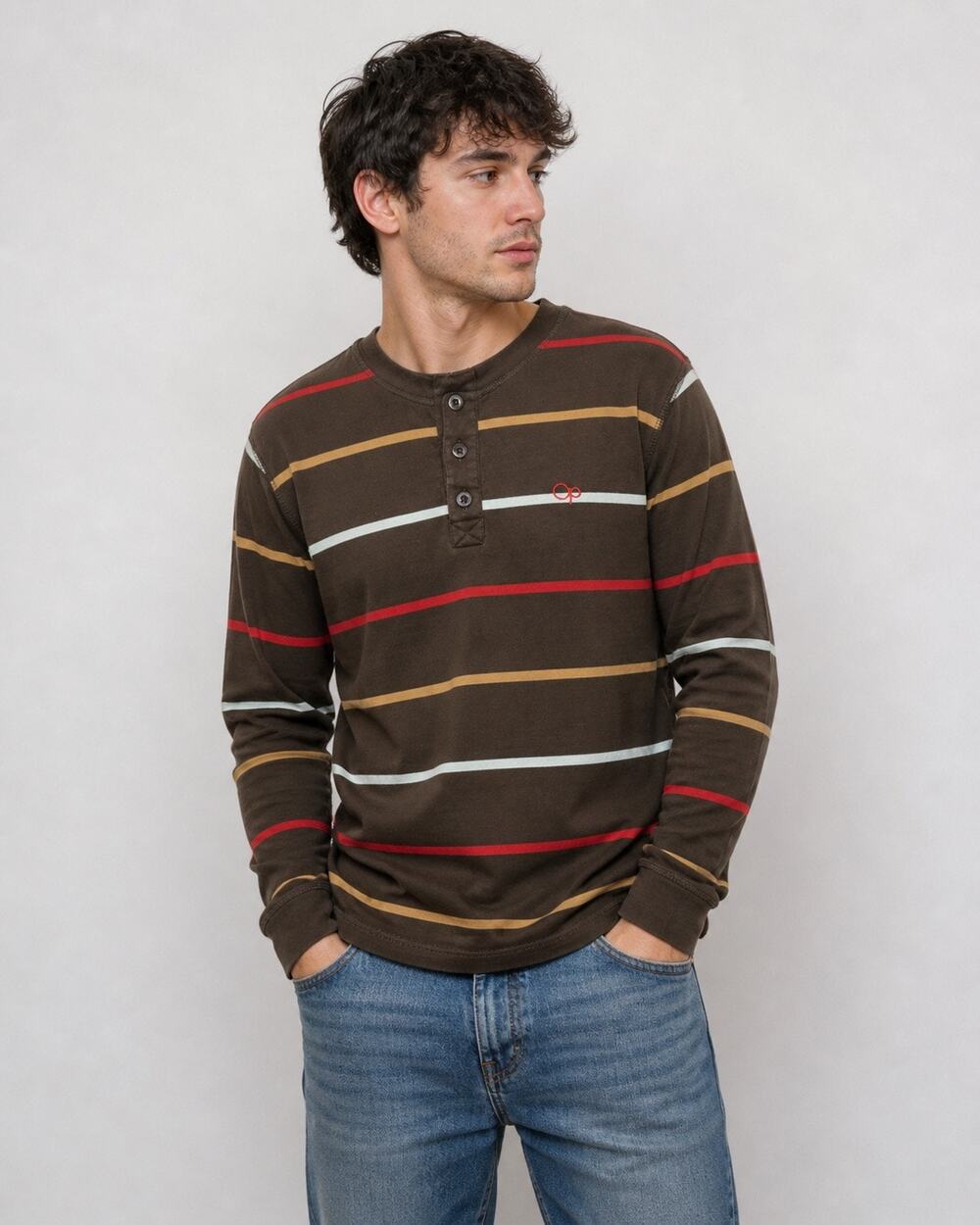 OP Ocean Pacific Brown Striped Henley Long Sleeve Shirt Mens Small Skate Surf